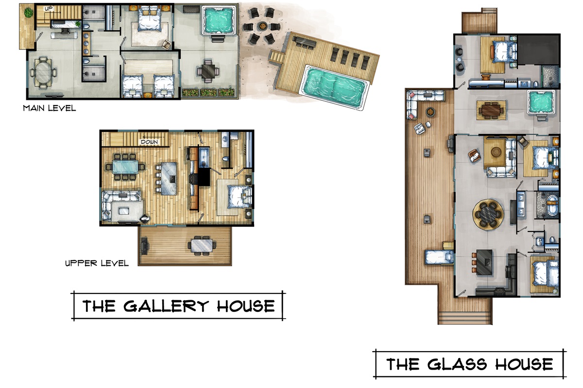 {Glass + Gallery Floor Plan}
See how The Gallery House + Glass House sit together on the property — perfect for larger groups wanting shared spaces with private cabin-style comfort.