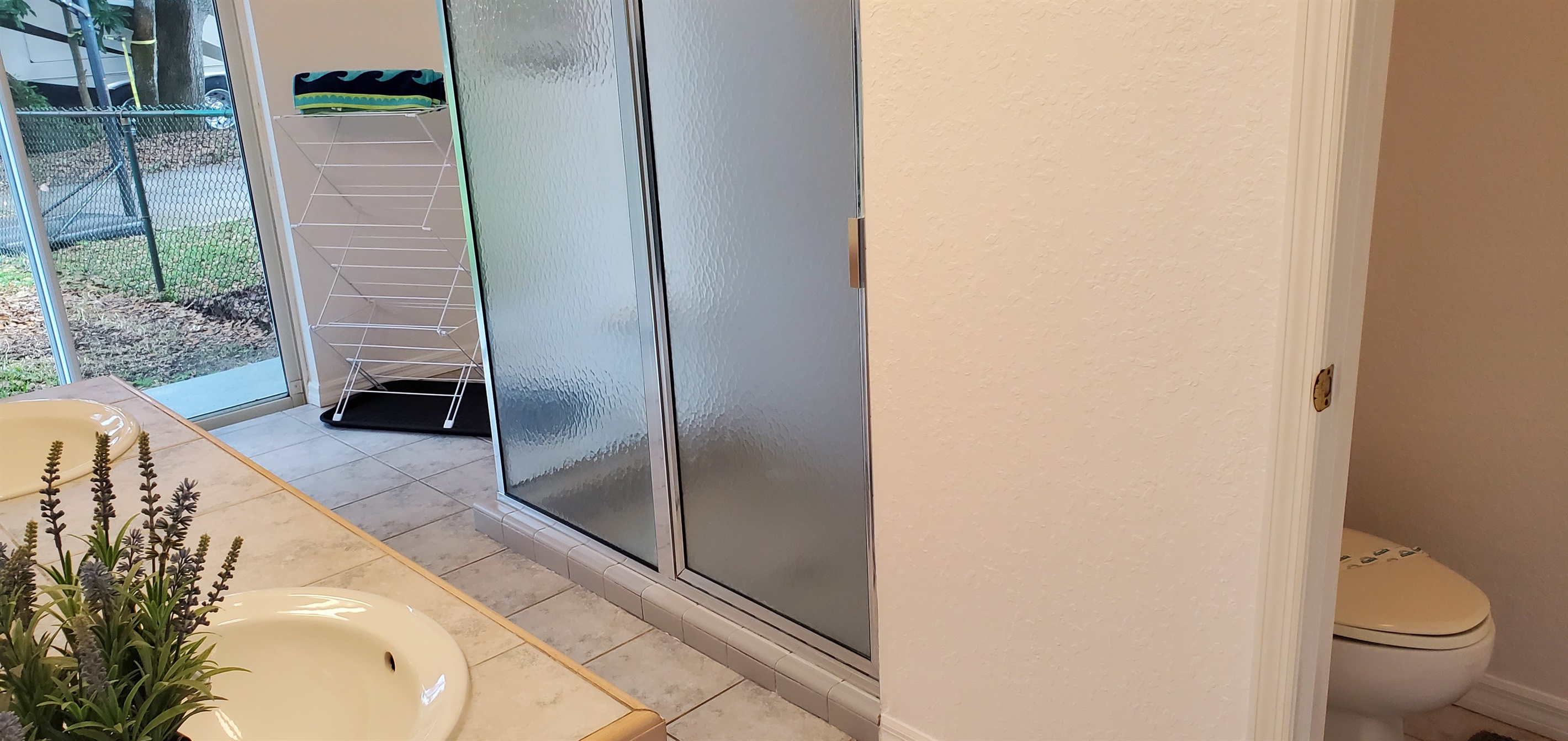 King bedroom bathroom walk in shower and drying rack