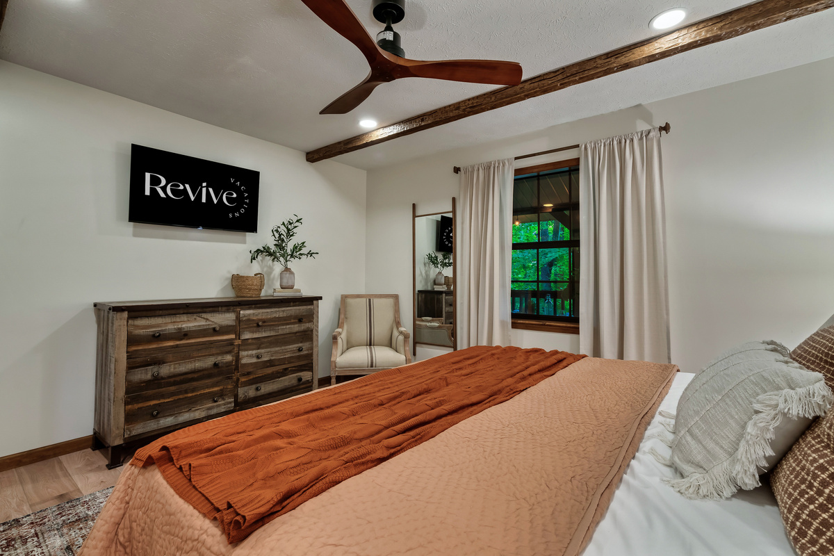 Bedroom has a 43" TV and plenty of room for storage.