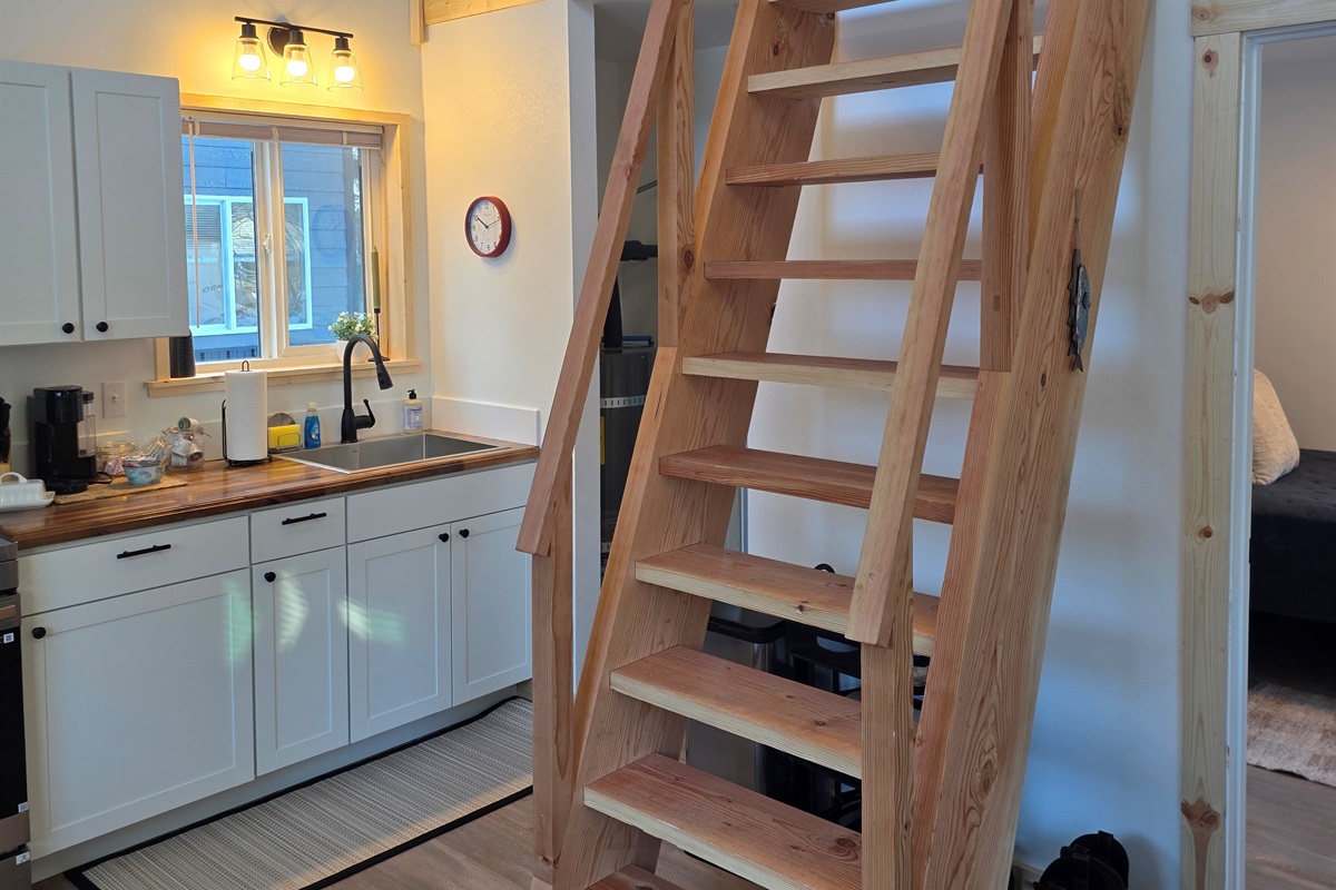 Ships Ladder to access the loft with living space and an extra bed.