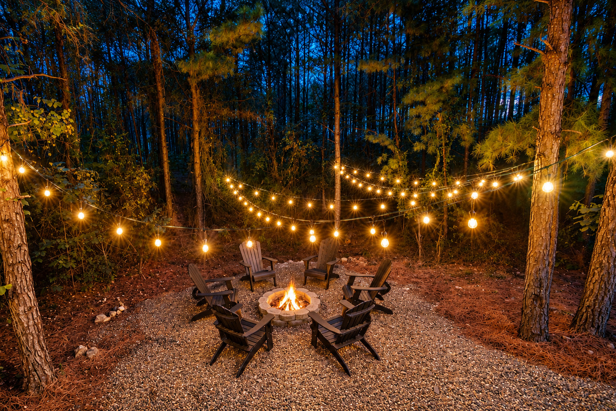 This is the privacy you come to Broken Bow for. A fire glowing beneath the string lights, towering pines in every direction, and forest stretching for miles beyond, creating a true sense of seclusion.