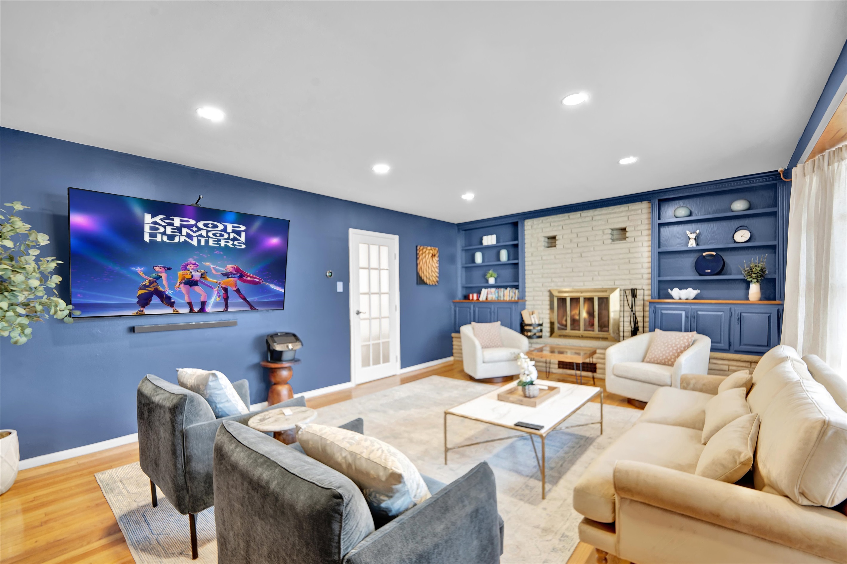 A cozy space for movies and downtime on snowy days.