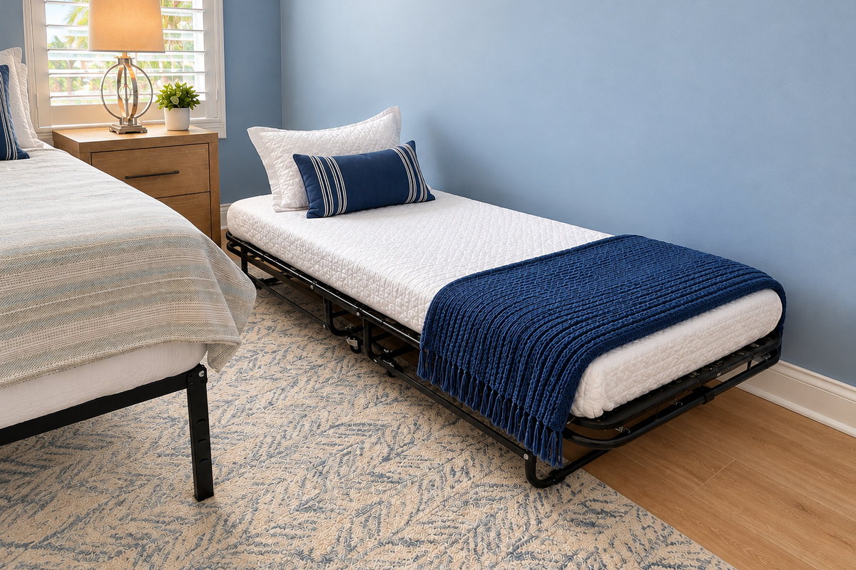 Folding twin cot with a mattress and pillow, so a late addition to the group still gets a real place to sleep.