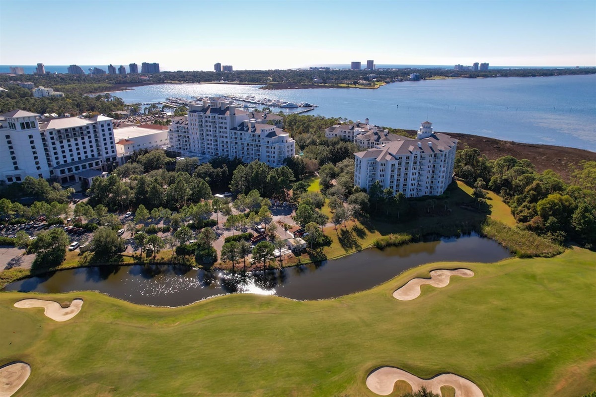 Ariel view of The Grand from the bayside of the SanDestin golf & Beach Resort.