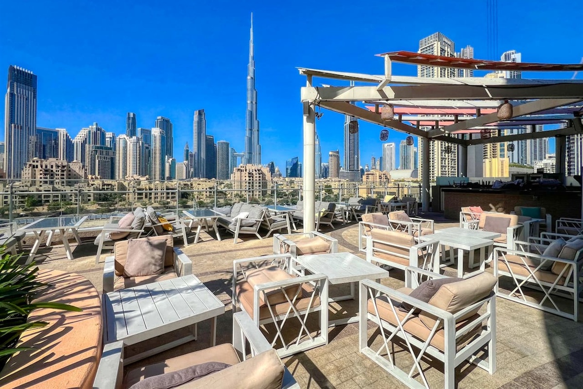 Bar/restaurant at pool area with full Burj Khalifa view