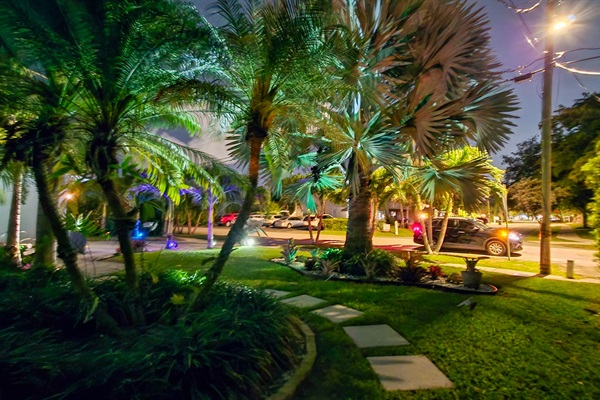 Private tropical oasis with elegant exterior lighting