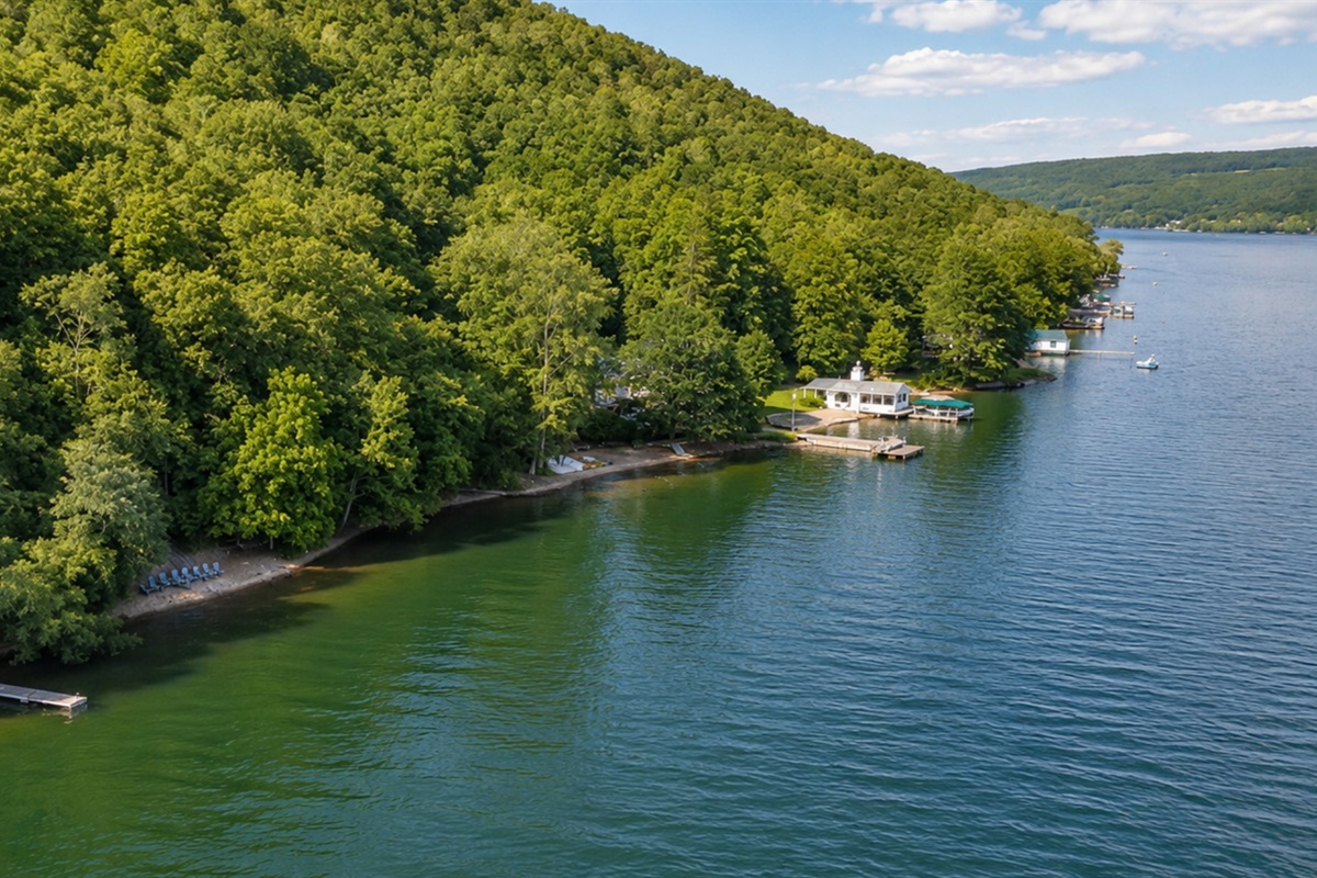 Aerial view of a private, wooded shoreline retreat with direct lake access, dock, and Adirondack chairs for lakeside relaxation.