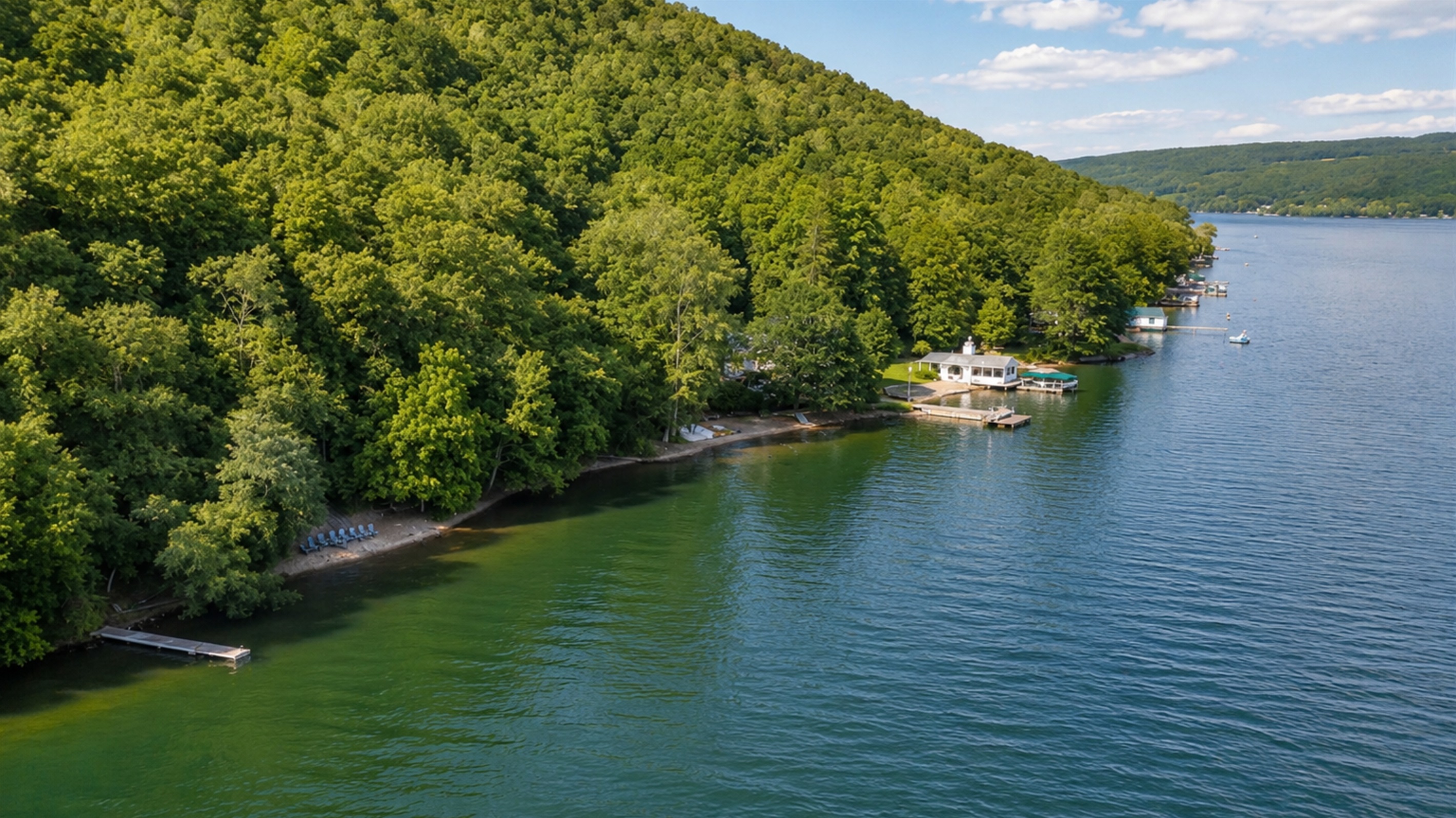 Aerial view of a private, wooded shoreline retreat with direct lake access, dock, and Adirondack chairs for lakeside relaxation.