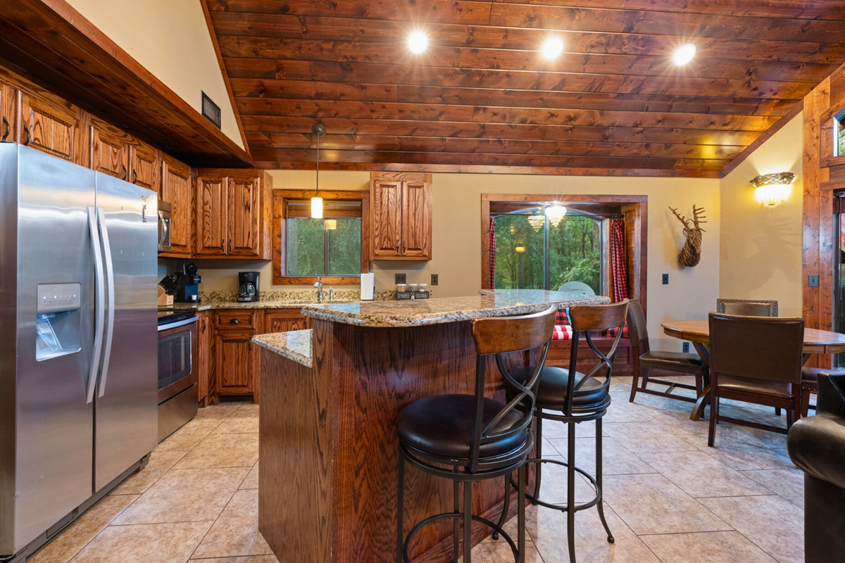 Granite counters and a big kitchen—perfect for group meals.