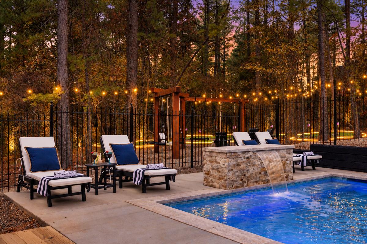 💦 Poolside bliss, anyone? Sip, soak, and settle in on the cozy loungers while the waterfall fountain sets the vibe while taking in the string lights and views. ✨