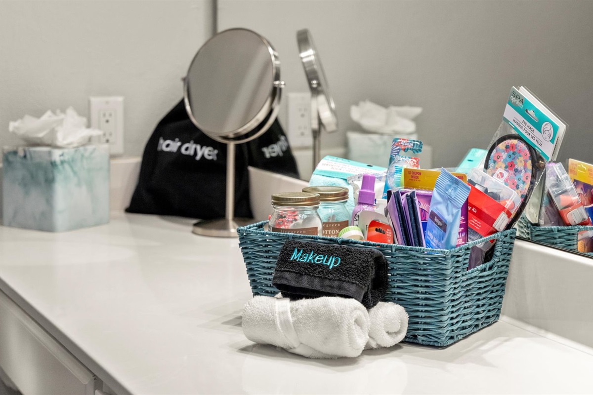Every bathroom is stocked with a basket full of toiletries and extra goodies, thoughtfully provided to make your stay as stress-free as possible. 