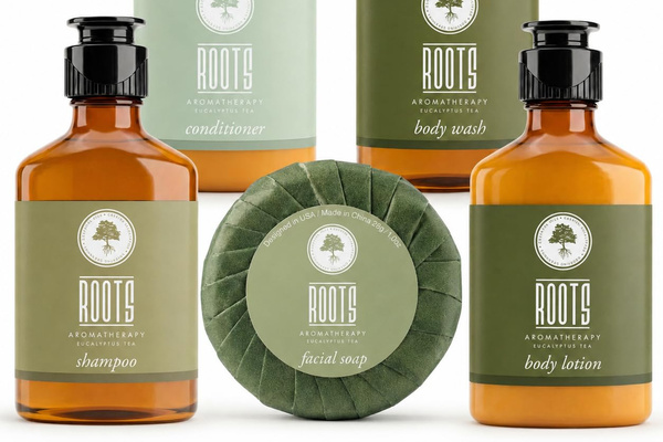Roots Eucalyptus & Spearmint guest toiletries: shampoo, conditioner, body wash, body lotion and individually wrapped soaps.