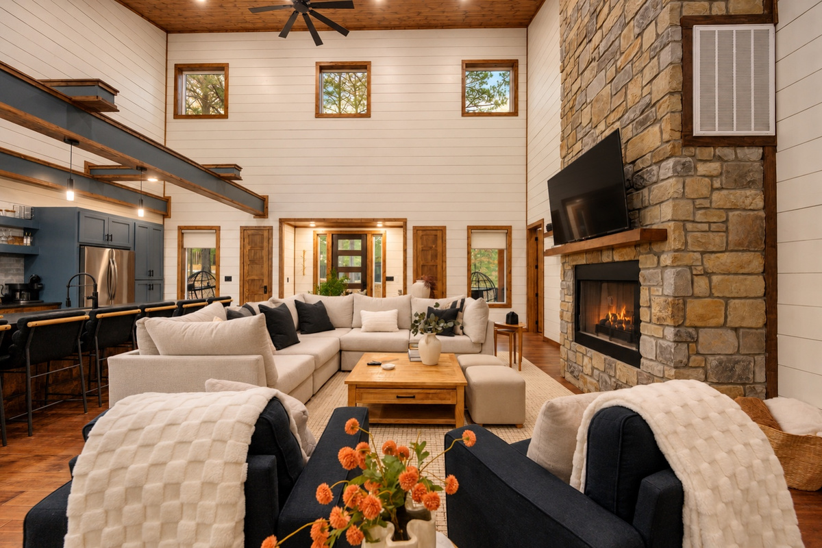 Find your favorite seat and unwind beside the stone fireplace.