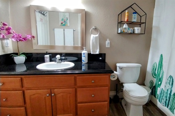 Full bath, stocked with soap, shampoo, conditioner, body wash, toilet paper, and more essentials!!