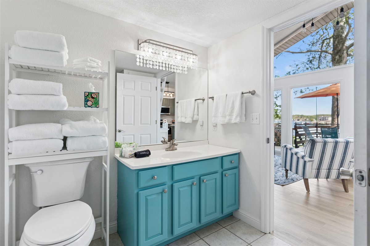 Bright, clean bathroom with plenty of space to get ready.