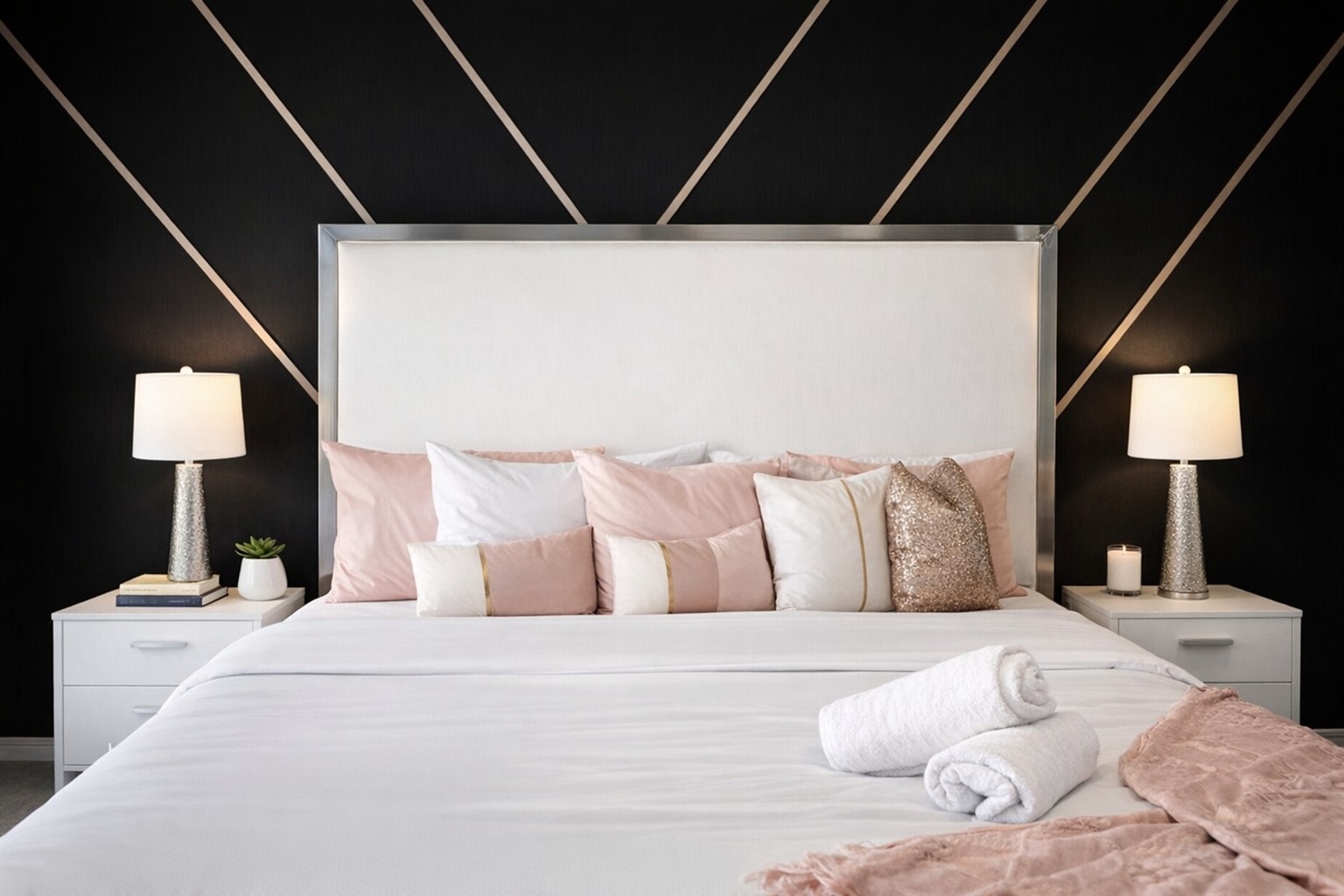 Modern bedroom with a large white headboard and soft pink and white pillows for a relaxing stay
