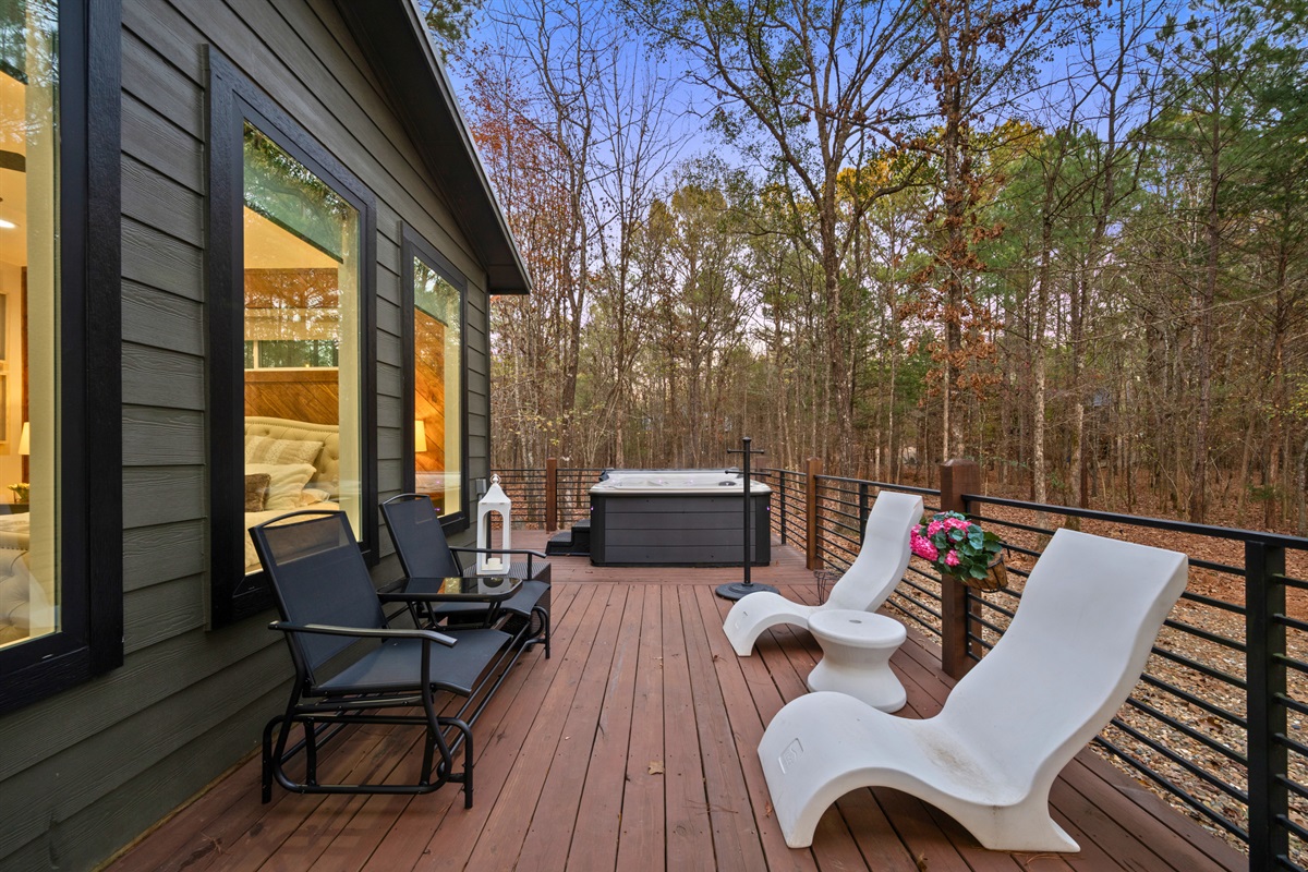 Lounge chairs offer a peaceful spot to slow down, read a book, or enjoy the forest air.