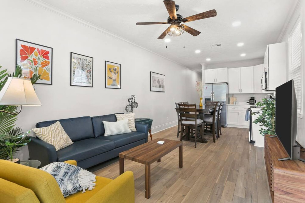 Your whole group can relax in the open concept kitchen/dining/living room, with dining for 6, comfy seating, Roku TV, fast Wifi, and strong AC!