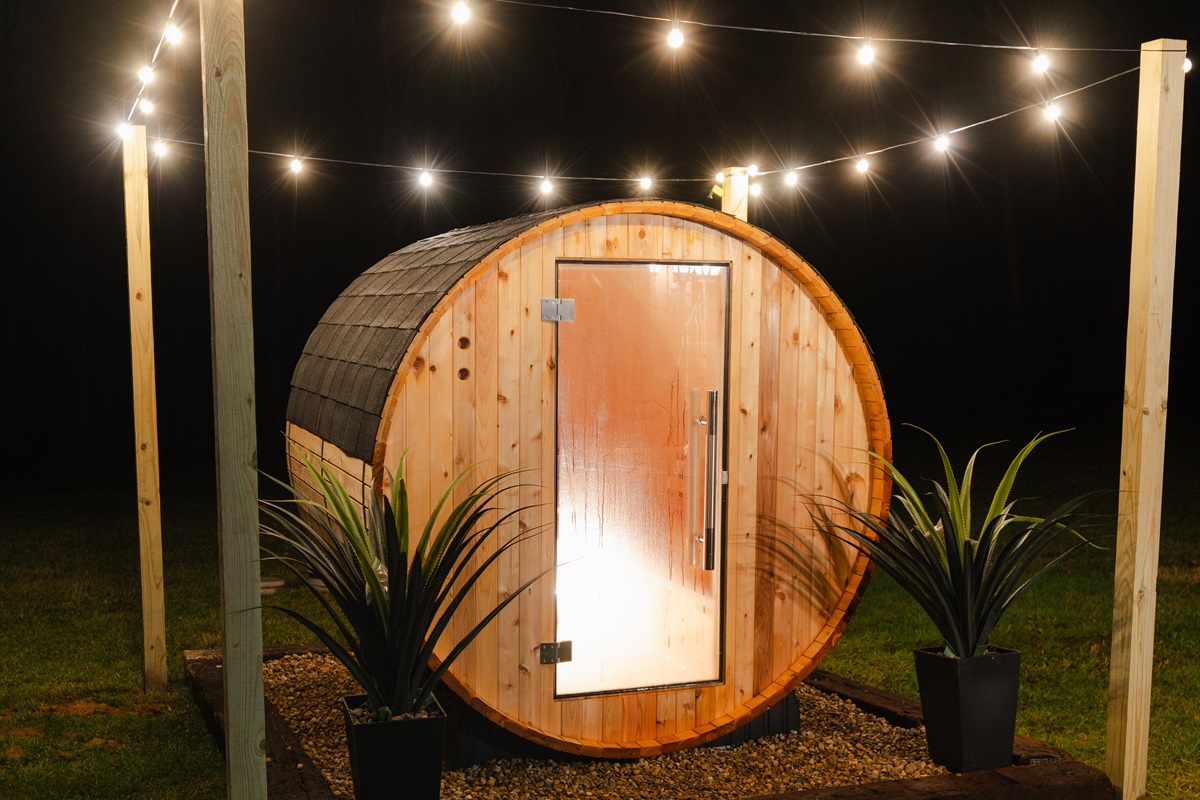 Warm up in the outdoor barrel sauna after the sunsets