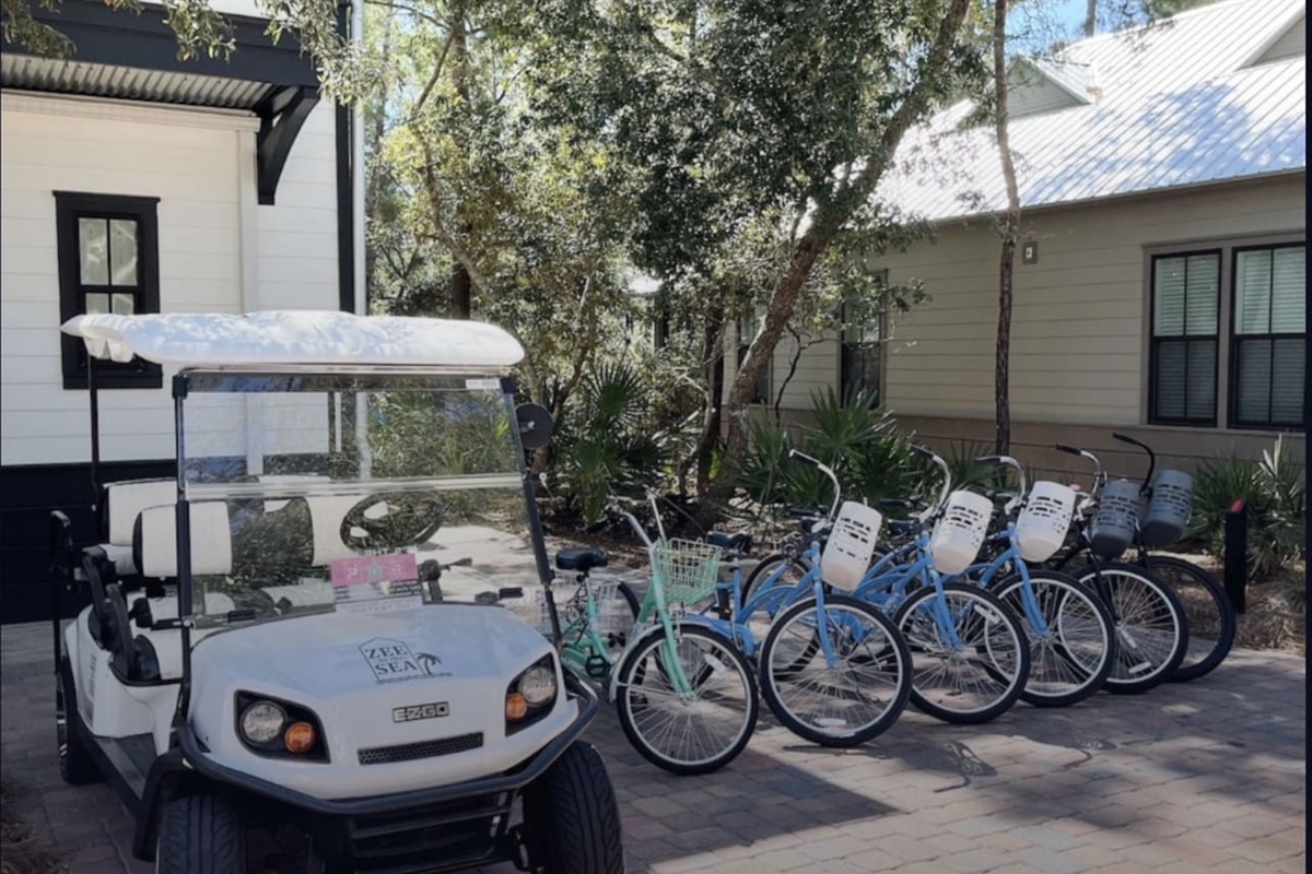  Golf Cart & Bikes Included
Your stay comes with a street-legal EZ-GO golf cart and six bikes—five adult bikes and one adult trike—making it easy to explore 30A in true coastal style. Enjoy the freedom of car-free adventures. ✨