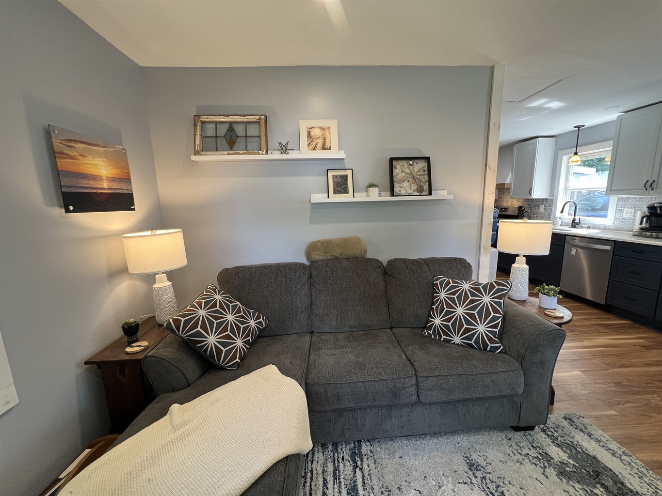 Living room with kitchen beyond