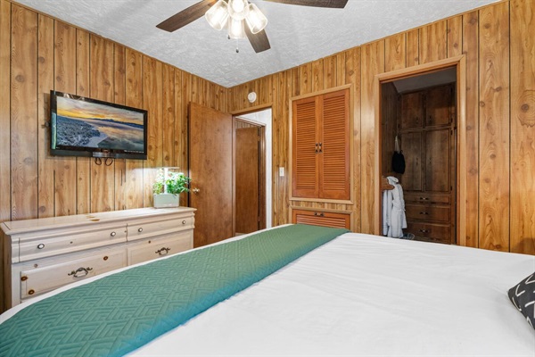 Our master bedroom is located upstairs and features a king size bed, ensuite bathroom, and smart TV