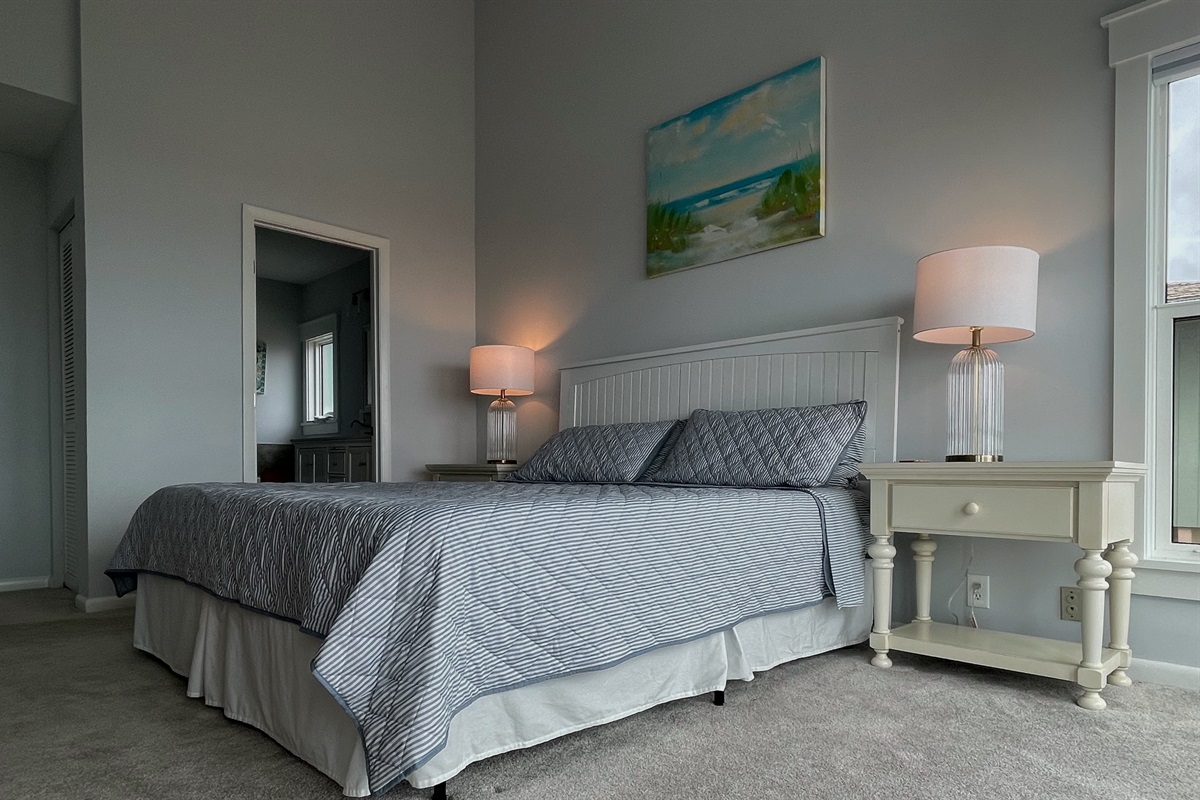 Spacious Primary Suite with King Bed, private bath and Beach Deck Access