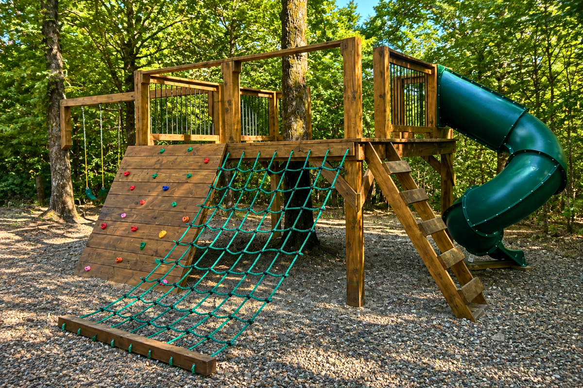 Climb, swing, slide, or test out the climbing net on this woodland playset, a great addition for keeping younger guests entertained right at the cabin.