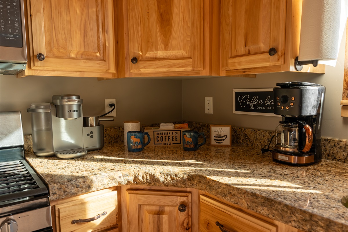 Keurig with frother and drip coffee maker with complementary hot drinks: Kcups, hot chocolate, cider and tea
