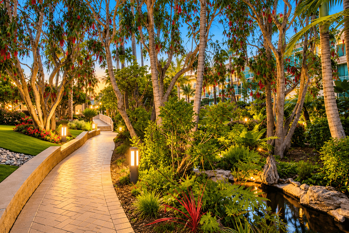 Colorful trees and tropical landscaping