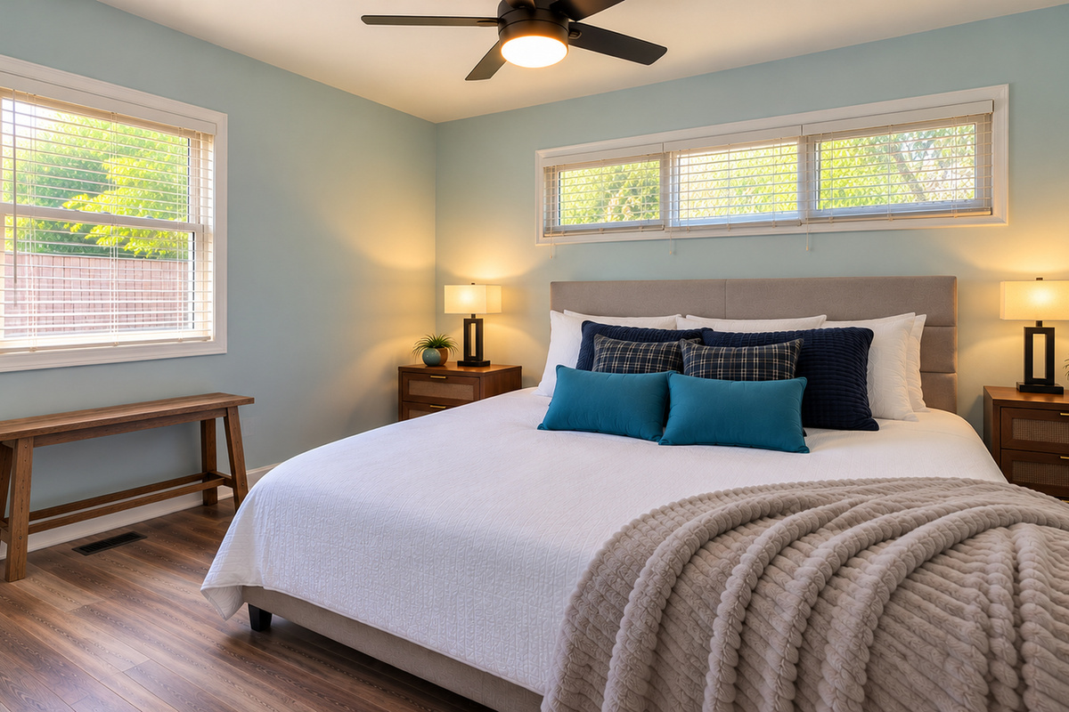 Relax and recharge in the spacious king bedroom, featuring plush bedding, a ceiling fan, 55-inch Roku Smart TV, and soothing blue accents for a restful retreat.