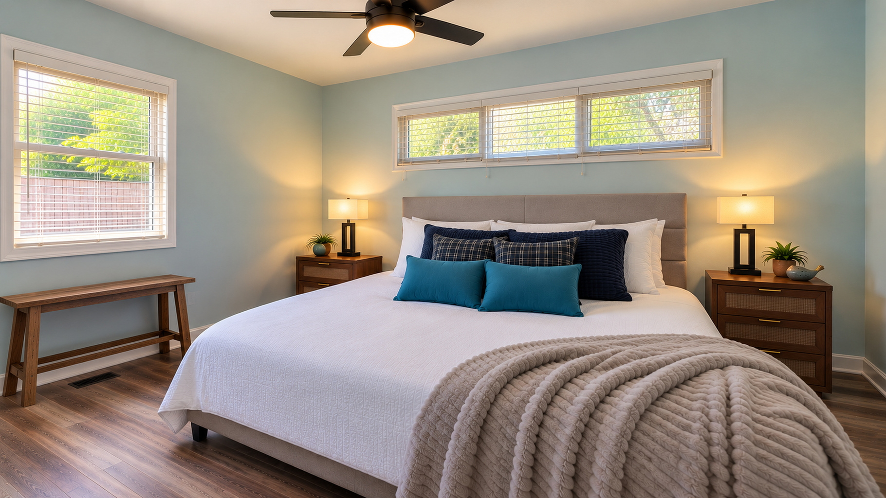 Relax and recharge in the spacious king bedroom, featuring plush bedding, a ceiling fan, 55-inch Roku Smart TV, and soothing blue accents for a restful retreat.