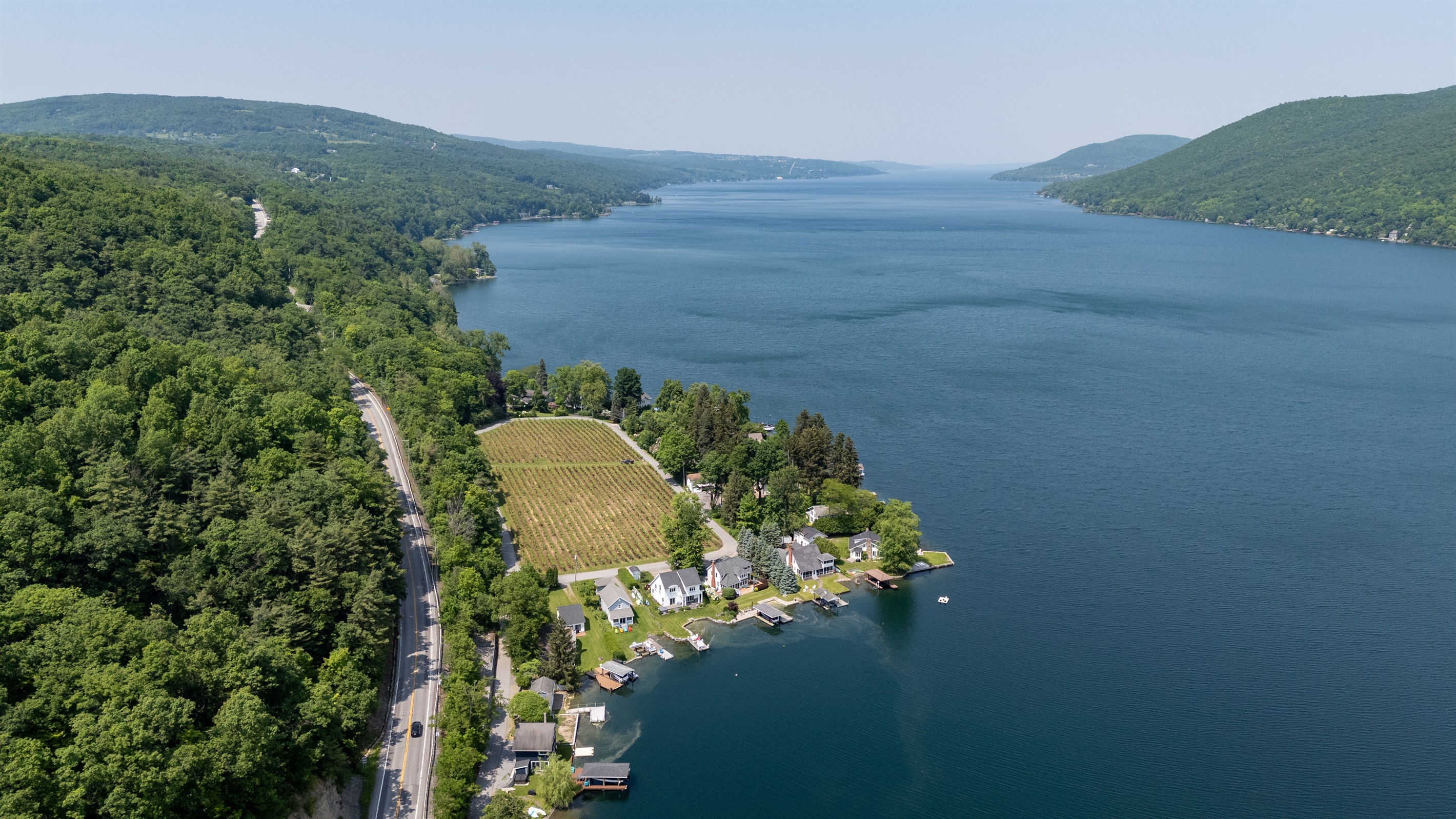 A stunning aerial view of lakeside living meets vineyard charm—private docks, waterfront homes, and lush grape rows create the perfect Finger Lakes retreat.