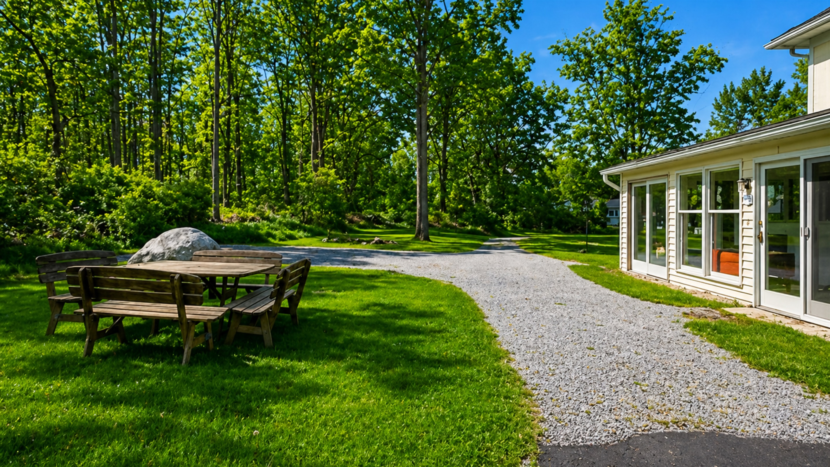 Gather with friends in the backyard surrounded by serene woods and open green space 🍃👨‍👩‍👧‍👦