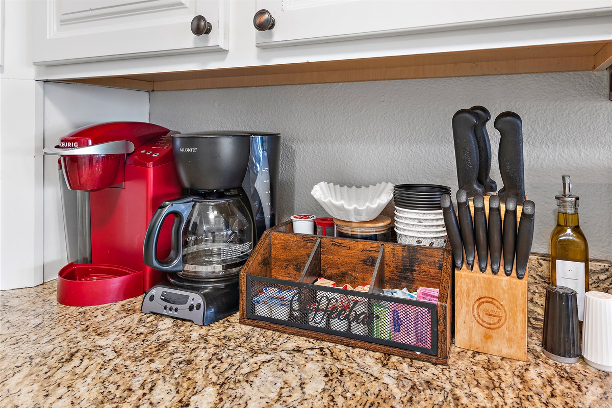 Fully stocked coffee bar at Costa Del Sol A-10!