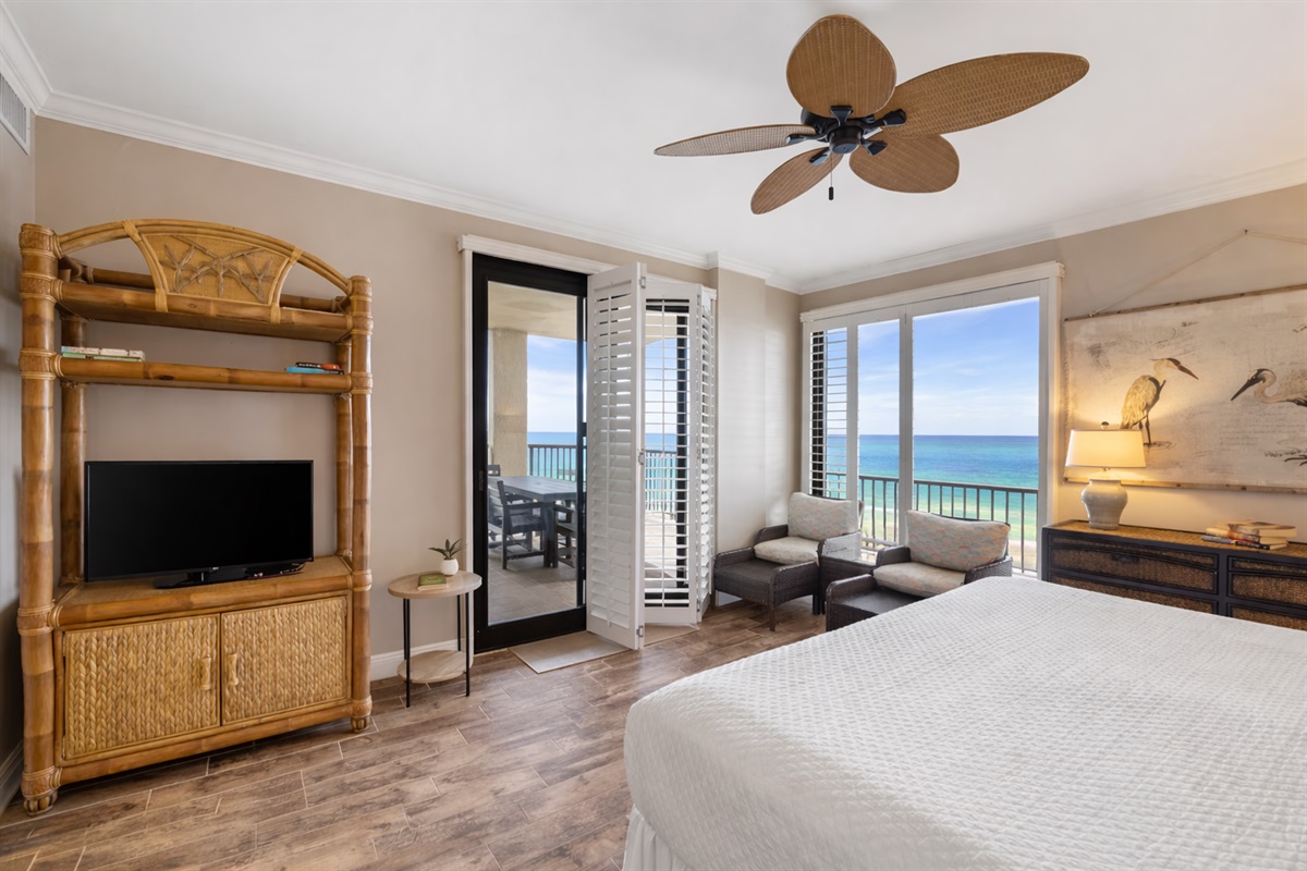 Primary bedroom will have a king bed, ceiling fan with light kit, wall mounted smart TV, direct balcony access and en-suite bathroom 