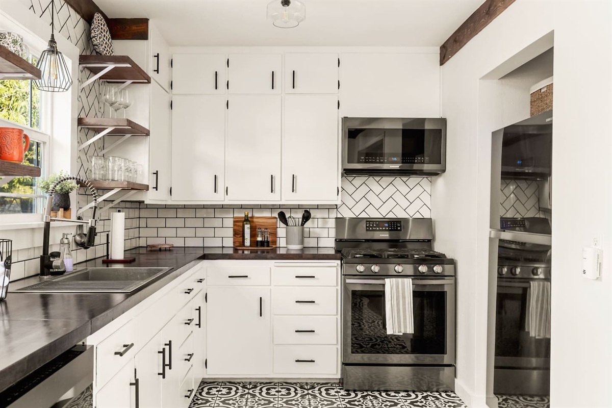 The kitchen has been recently refreshed with high-end black stainless appliances!