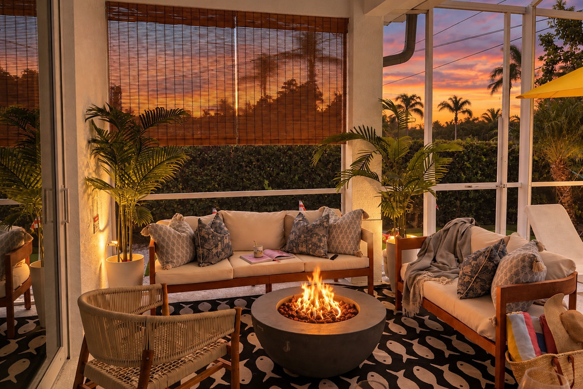 Where vacation magic happens. At twilight, the enclosed lanai transforms into your own glowing sanctuary. Flip on the fire table, let the pool lights dance, and sink into complete privacy for an unforgettable evening under the Florida sky.