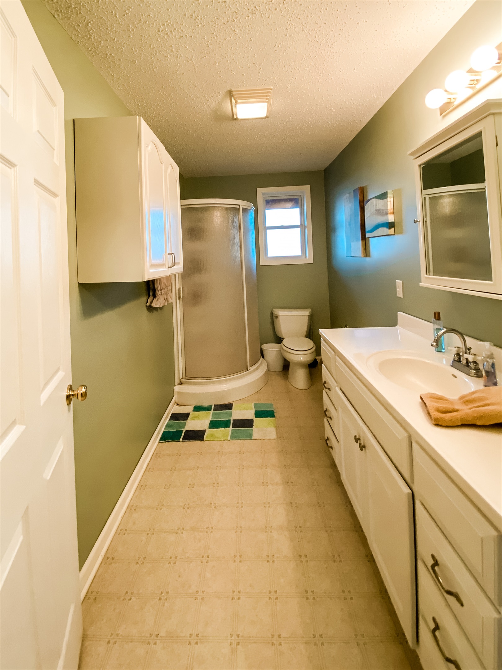 Large full bathroom with shower and lots of counter space and storage.
