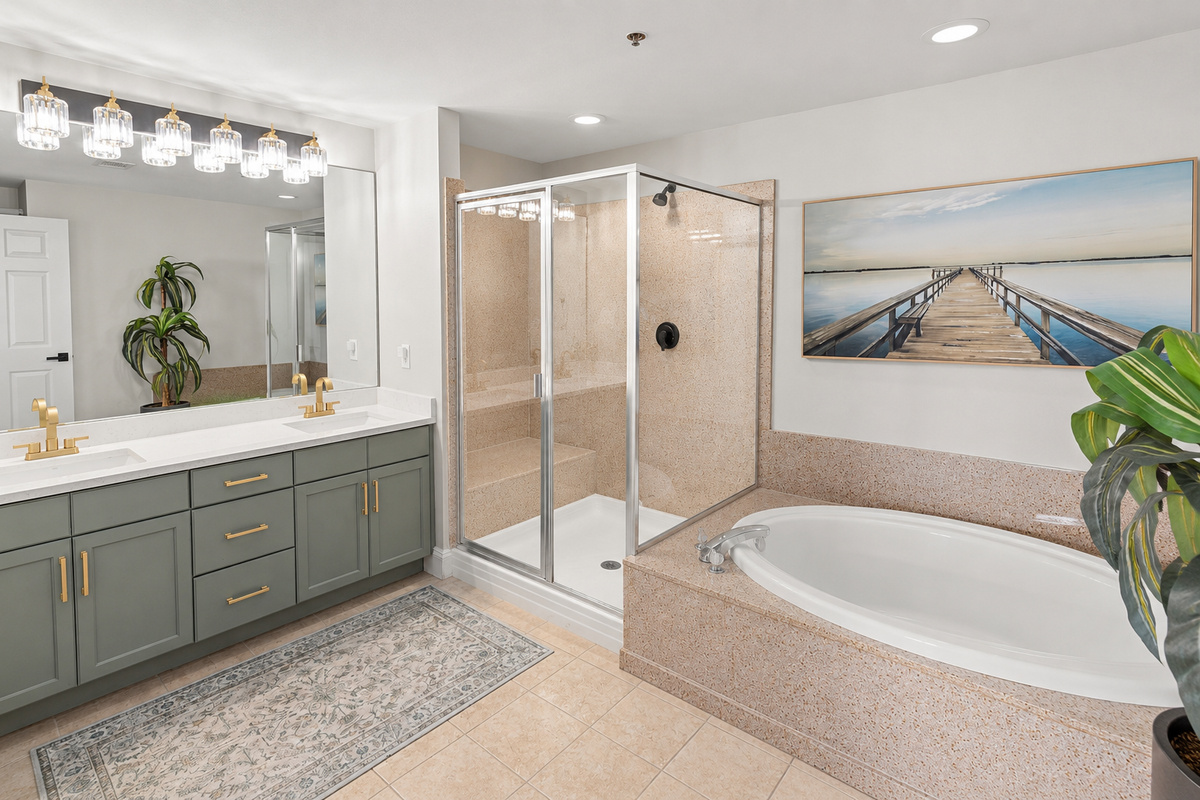 Master bathroom with tub and walk-in shower