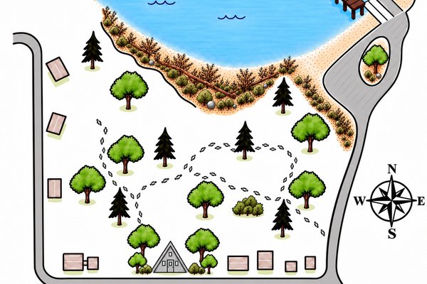 Illustrated map for reference only, not to scale. Shoreline, trails, roads, and other features are approximate.

Cabin backs to the woods with 10+ acres and trails, a 0.1 mi walk to overlook the lake. Lake access and boat ramp is 0.3 mi by road from house.