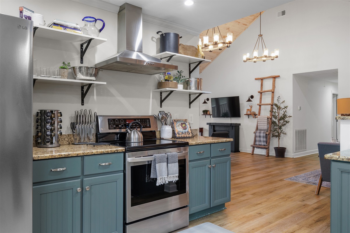 Kitchen equipped with spices & cooking oil.