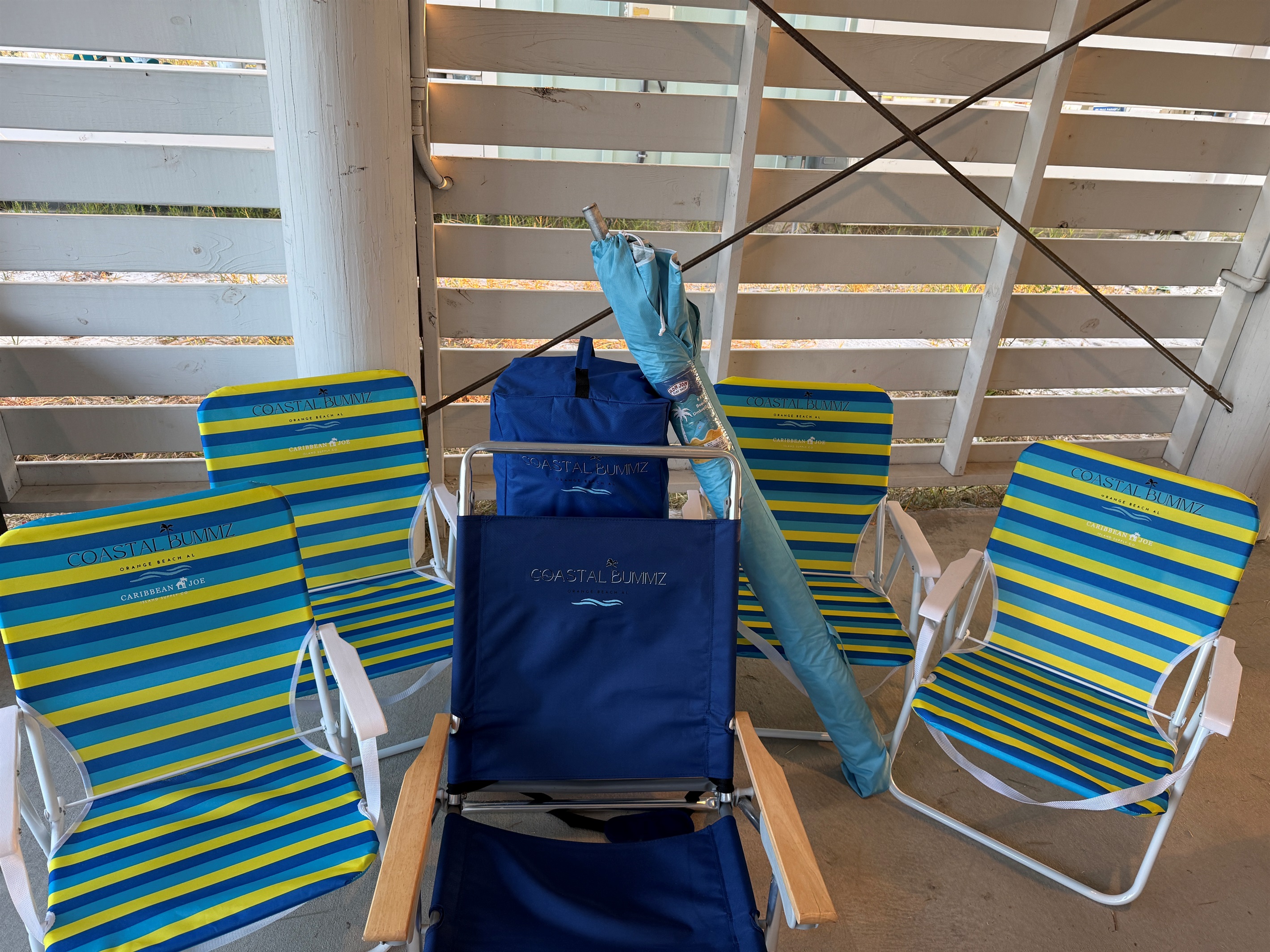 Make the trip to the beach a breeze with the beach wagon, chairs, umbrella and other beach accessories available for use.  Stored in the lower st