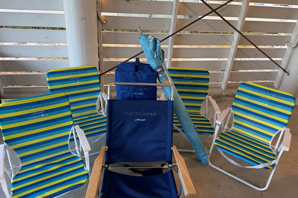 Make the trip to the beach a breeze with the beach wagon, chairs, umbrella and other beach accessories available for use.  Stored in the lower st