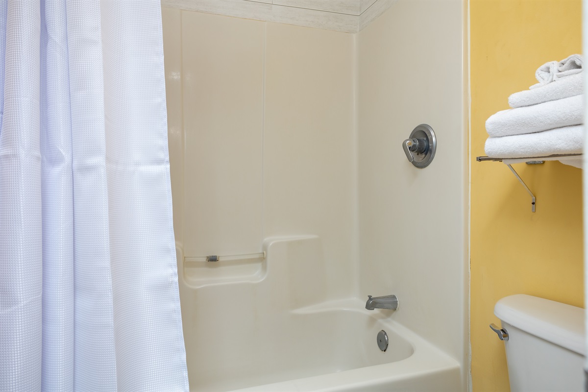 Spacious and tidy bathroom with a full-sized tub.