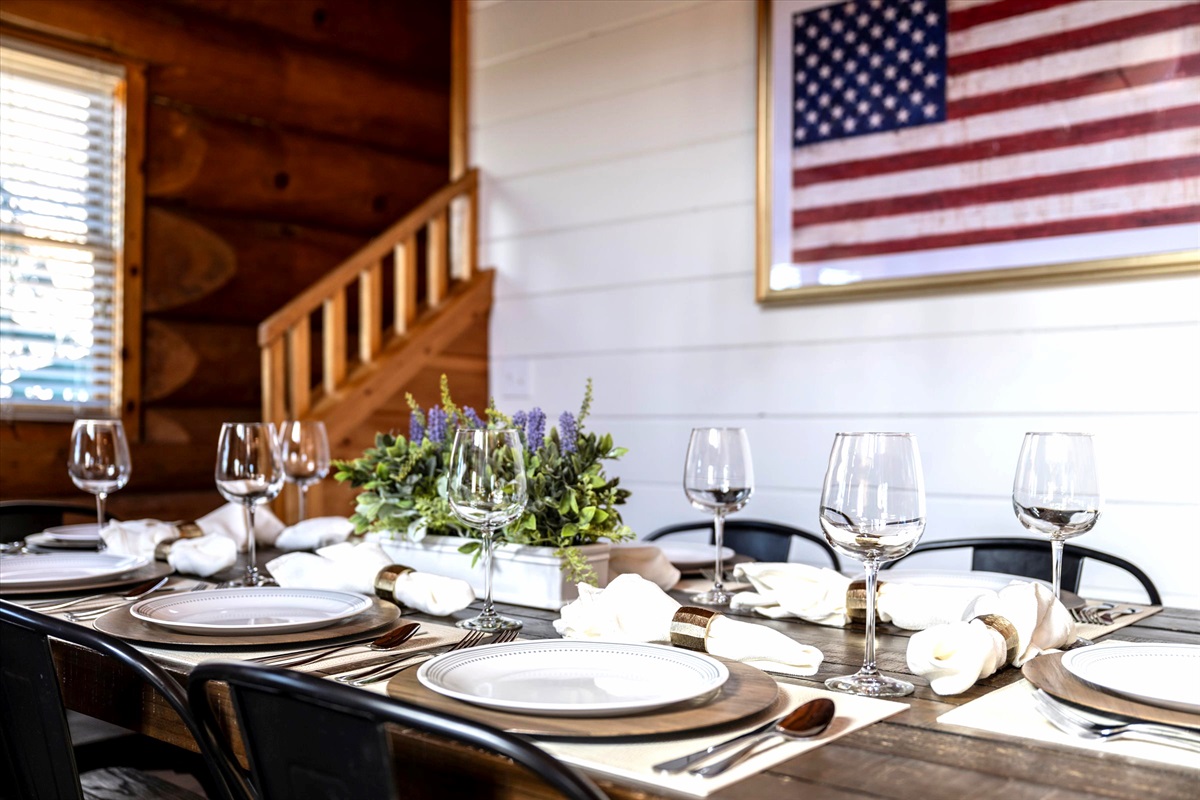 The dining table fits 8-10 people.