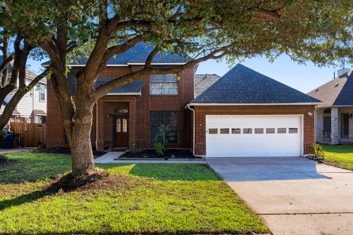 Nature's touch in a lovely front yard with a tree and driveway.