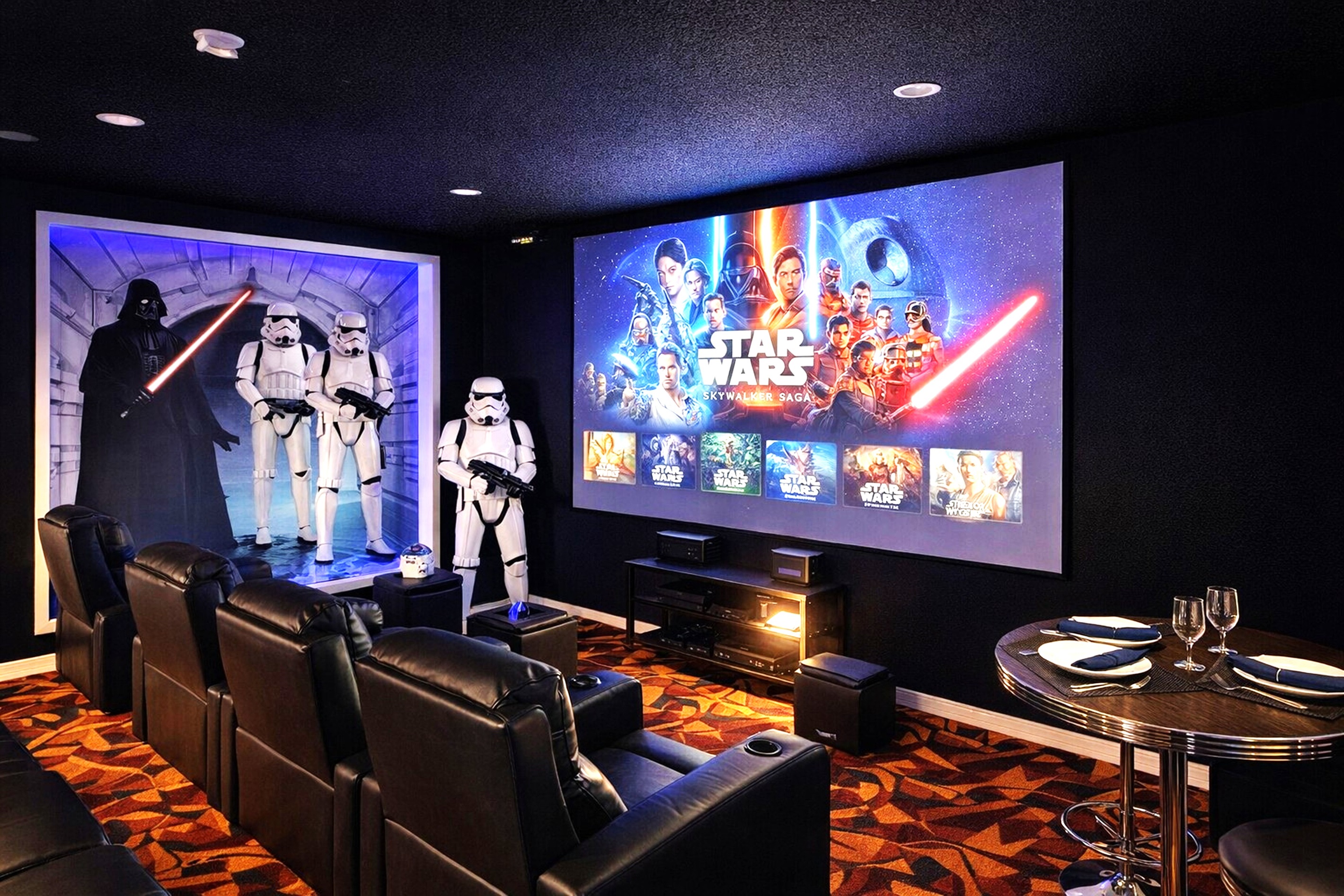 Enjoy immersive movie nights in your very own Star Wars home theater featuring 150" screen, surround sound, streaming and bluetooth.