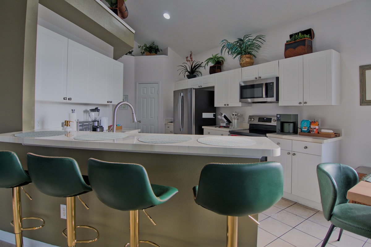 Kitchen and bar seating.