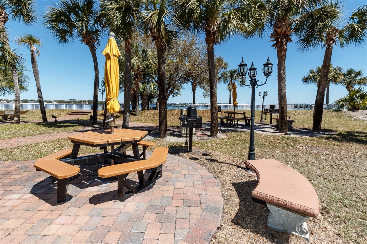 Picnic area next to the charcoal grills on the Bayside